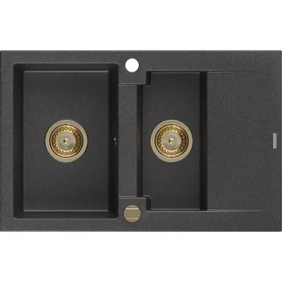 Zdjęcie produktu dla Mexen Gaspar zlewozmywak granitowy 1,5-komorowy z ociekaczem 737 x 475 mm, czarny nakrapiany, syfon złoty - 6507731505-76-G