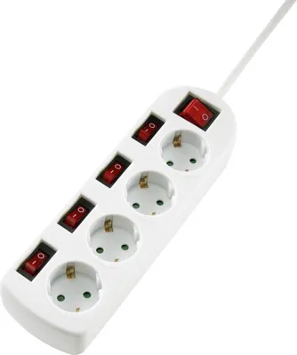 A white power strip with multiple outlets and individual switches, shown against a white background.