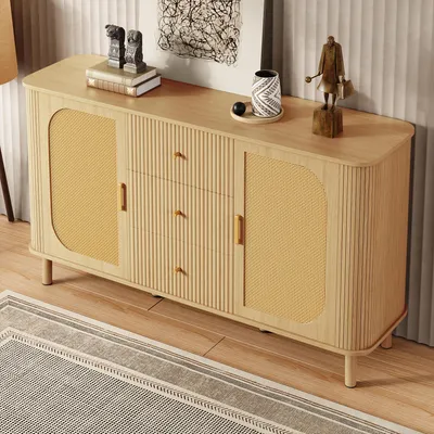 Image de MODFU Buffet avec Tiroirs et Porte Vitrée en Rotin, Bahut de Rangement Design pour Salle à Manger avec Pieds Métal, 140x40x80 cm - MDF - Naturel