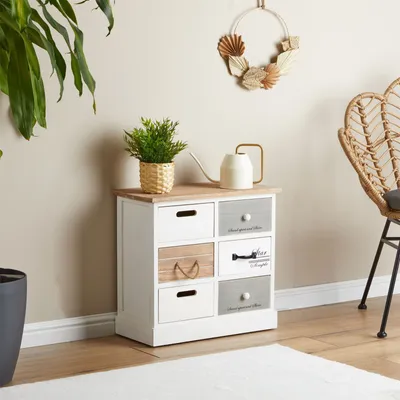 Produktbild von Kommode SALVA mit 6 Schubladen, Schubladenschrank Vintage. Aufbewahrungsregal in weiß, Shabby Chic