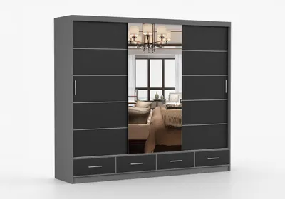 Produktbild von FRENCE Schwebetürenschrank 253 cm Grau/Schwarz Matt mit Spiegel, großer Kleiderschrank 2-türig mit Schubladen