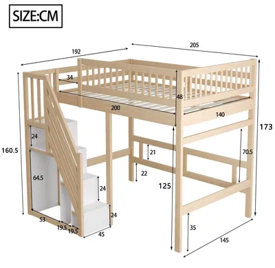 Obrázok produktu pre Detská postel – poschodová posteľ s rebríkom – masívne drevo – úložná skrinka – vysoká ochrana proti pádu – 140 x 200 cm – prírodná farba