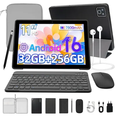 Obrázek produktu pro JENBIZZ Tablet 11 palců, Android 16, 256 GB (1 TB přes TF kartu), 32 GB RAM, WiFi 6, Widevine L1, duální fotoaparáty, 2-v-1 s klávesnicí, perem, pouzdrem a taškou, barva: šedá
