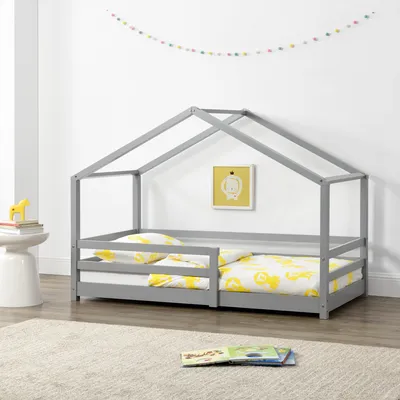 Produktbild von Kinderbett ´Knätten´ in Haus-Optik mit Rausfallschutz Kiefernholz 90 x 200 cm Hellgrau