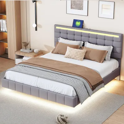 Zdjęcie produktu dla Łóżko tapicerowane 160 x 200 cm, tapicerowana rama łóżka z oświetleniem LED i zagłówkiem, łóżko podwójneSzary