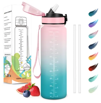 Immagine prodotto di Borraccia con cannuccia, capacità 1000 ml, a prova di perdite, con indicatore del tempo, ideale per lo sport e l'ufficio