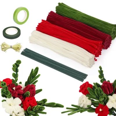 Pfeifenreiniger-Set, 320 Stück, 30 cm, 4 Farben, inkl. Blumendraht und Blätter