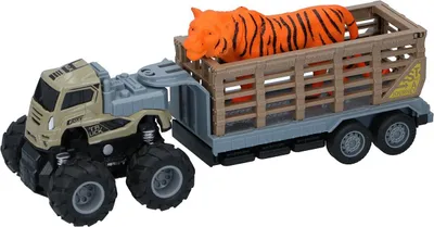 Produktbild von 2 in 1-Spielzeug Tiertransporter mit Tiger, Zugmaschine mit Friktionsantrieb und Anhänger mit Gatter