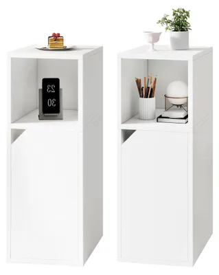 Produktbild von Nachttisch 2er Set mit Tür, Schmal, Beistelltisch, Offenes Fach, Einstellbare Innere Ablage, B24 x T29 x H62 cm, Nachtschrank aus Holz, für Schlafzimmer, Wohnzimmer, Weiß