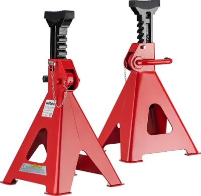 Image de Wiltec Kit de chandelle voiture 2 pièces – Hauteur ajustable 490-750 mm – Capacité de charge 12 t par paire – Tête de support en caoutchouc – Cric chandelle à crémaillère robuste