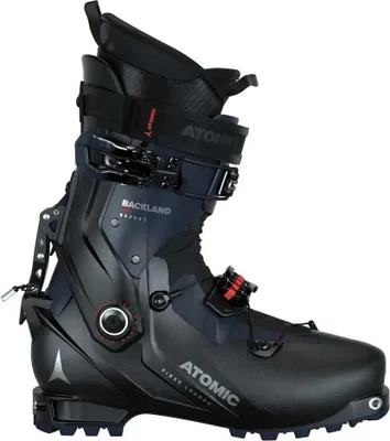 A black ski boot with blue accents and red detailing, shown from the side against a white background.