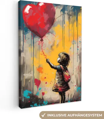 Obrázek produktu pro Dekorace na zeď 80x120 cm - Banksy - Dívka - Balón - Srdce - Graffiti, nástěnné umění, dekorace do obývacího pokoje