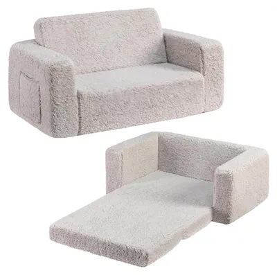 2-in-1 Kindersofa aus Sherpa, ausklappbar, hellgrau