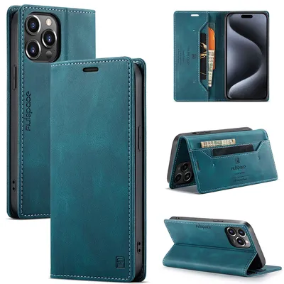 Immagine prodotto di Custodia per iPhone 15 Pro Max, custodia retrò in Finto cuoio, supporto e custodia protettiva blu