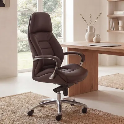 Produktbild von FineBuy Designer Bürostuhl Braun Bezug Echtleder Schreibtischstuhl bis 120 kg XXL Chefsessel höhenverstellbar Drehstuhl ergonomisch mit Armlehnen