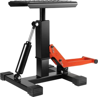 Immagine prodotto di Sollevatore per moto - Cavallo idraulico - Portata 400 kg - Regolabile in altezza - Base a H - Acciaio con rivestimento in gomma - Per fuoristrada/enduro - Nero/rosso