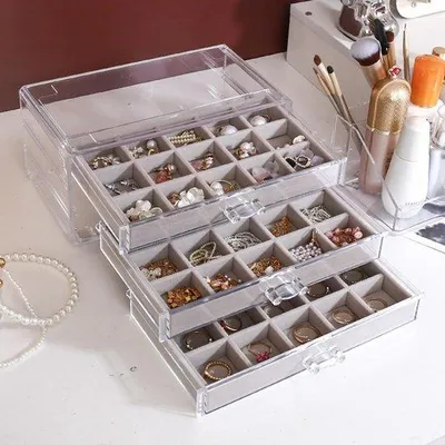 Immagine prodotto di Organizzatore per gioielli in acrilico Unyqoos® con rivestimento interno in velluto, 3 cassetti e 45 scomparti – scatola trasparente per la conservazione di orecchini, anelli e piccoli accessori