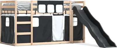 Zdjęcie produktu dla vidaXL Łóżko piętrowe ze zjeżdżalnią i zasłonami biało-czarne 80x200 cm