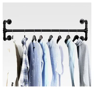 Produktbild von Wandmontierte Kleiderstange aus Industrierohr 115cm, Garderobenstange für Schlafzimmer und Wohnzimmer, Schwarz