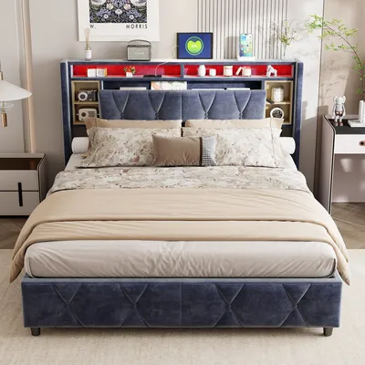 Image de ProximaX Lit rembourré 140x200cm avec sommier à lattes(USB&Typ-c), Lit boxspring hydraulique avec espace de rangement, Lit double de rangement avec tête de lit de rangement et LED, Velours, Gris