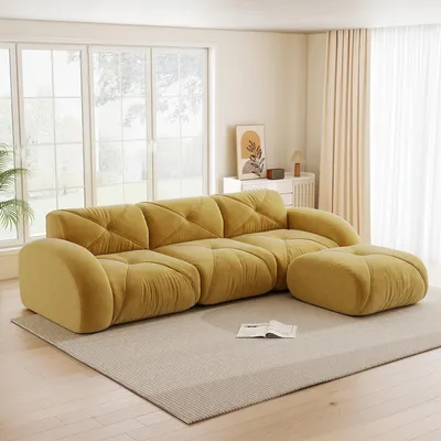 Zdjęcie produktu dla Narożna sofa w kształcie litery L, modułowa kombinacja trzyosobowa, narożna sofa do salonu z podnóżkiem, antypoślizgowa podstawa, bez montażu