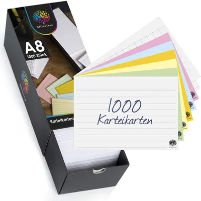 Produktbild von OfficeTree 1000 Karteikarten Set A8 - Karteikarten A8 Liniert, Kariert, Blanco und Bunt - Lernkarten mit Karteikarten-Box - Karteikarten für Englisch Vokabeln, Formeln und Notizen