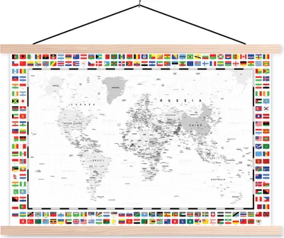 Produktbild von MuchoWow® Textilposter Weltkarte - Schwarz - Weiß - Flagge 120x80 cm mit holzfarbenen Rahmen - Aufhängeset
