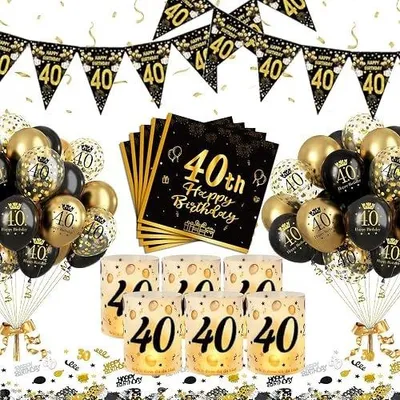 Zdjęcie produktu dla Dekoracje na 40 urodziny czarno złote balony baner serwetki 36 szt