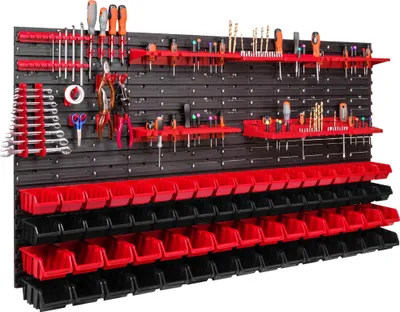 Produktbild von 68 Stapelboxen Werkzeughalter Wandregal Werkstattregal Werkzeugwand 156x78cm Werkzeughalter Lagersystem Schüttenregal Sichtlagerkästen Extra Starke Wandplatten Regal Erweiterbar Werkstattregal Lagerre