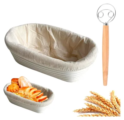 Produktbild von Länglicher Gärkorb, 17 * 12 * 6 cm, ovaler Brotkorb, Set mit ovalem Gärkörbchen, 33 * 8 cm Teigrührer, für professionelle Heimbäcker mit Stoffeinsatz
