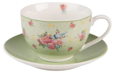 Image de Clayre & Eef Tasse avec soucoupe 200 ml Vert Beige Porcelaine Fleurs