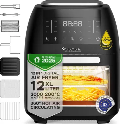A black TurboTronic air fryer with food inside, surrounded by marketing text and icons.