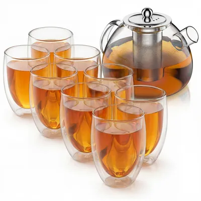 Produktbild von Arendo Teekanne 1,5 l, Edelstahlsieb und 8 Thermogläsern 450 ml, doppelwandige Gläser ohne Henkel, aus Borosilikatglas, Glaskanne, 10 Teile, transparent und silberfarben