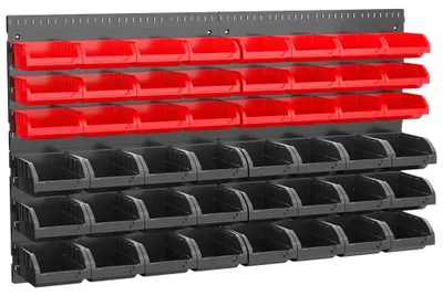 Obrázok produktu pre Zásobník na drobné diely, 48-dielna sada – plastové boxy na montáž na stenu – organizér na náradie – na skrutky a matice – do dielne a garáže
