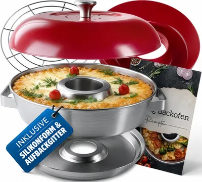 Produktbild von Camping Backofen Edelstahl – Camping Ofen Set inkl. Silikonform & Aufbackgitter Backofen Camping mit regulierbarer Hitze – Campingbackofen Gaskocher