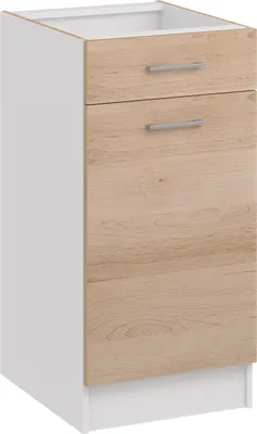 A white and wood grain kitchen cabinet with two drawers and one door.