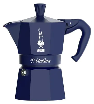 A blue Bialetti Moka pot coffee maker.