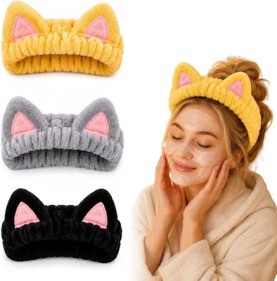 Produktbild von Haarband mit Katzenohren, 3 Stück, Fleece, für die Gesichtspflege