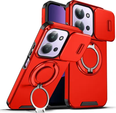 Immagine prodotto di Custodia a doppio strato per Xiaomi Redmi 15C 4G, con copertura scorrevole della fotocamera e supporto ad anello magnetico Rosso