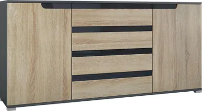 Produktbild von Vladon Sideboard Sylt V2, Kommode mit 2 Türen und 4 Schubladen, Korpus - Anthrazit matt / Front - Eiche sägerau / Absetzung - Schwarz Hochglanz (166,5 x 75,5 x 35 cm)