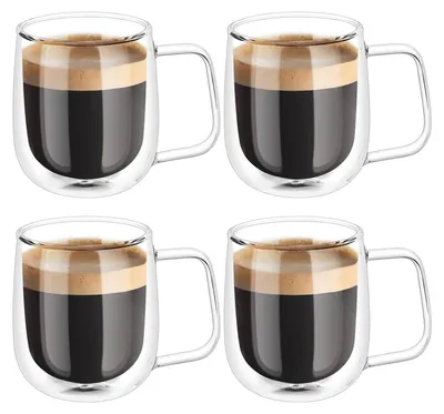 Produktbild von Doppelwandige Latte Macchiato Gläser Set, 4 Stück Doppelwandige Kaffeegläser mit Henkel,250ml Kaffeetassen Glas für Cappuccino,Latte,Tee,EIS,Eistee,Bier