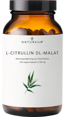 Produktbild von Naturkur® L-Citrullin 700 mg - 270 Kapseln im Apothekerglas - DL-Malat 2:1 -Vegan, ohne Zusatzstoffe, in Handarbeit hergestellt in Unterfranken