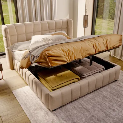Image de Lit rembourré 180 x 200 cm avec coffre de rangement à ouverture pneumatique, sommier à lattes, tête de lit, revêtement en lin, beige