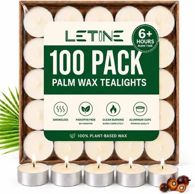 Productafbeelding van LETINE Palmwax Theelichtjes, 100 stuks, 6 uur brandtijd, paraffinevrij, geurloos, wit