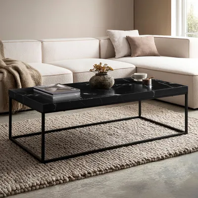 Image de Table basse WOHNLING 120x60x38 cm Noir Table basse aspect marbre Design moderne Table de salon rectangulaire Table de salon Grande table basse pieds métal