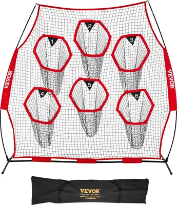Produktbild von VEVOR Fußballtrainer Wurfnetz Übungsnetz (274 x 106 x 243 cm) mit 6 Zieltaschen & tragbarer Aufbewahrungstasche & Gurten, Wurfelziel-Training für die Passgenauigkeit des Quarterbacks, rot