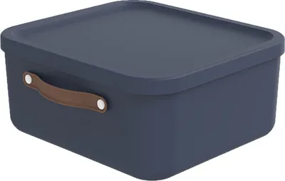 A dark blue storage box with a brown handle and a lid, shown from a slightly elevated side angle against a white background.