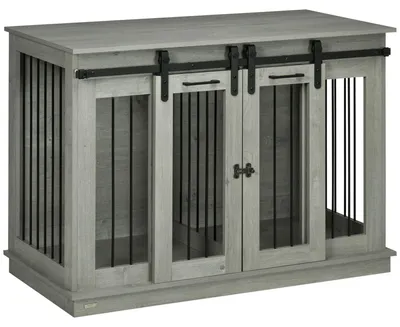 Produktbild von PawHut Hundekäfig, Hundehütte, Haustierkäfig mit Zweiraum, Doppeltüren, Grau