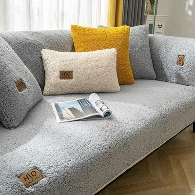 Produktbild von Stretchhoes für 3 Sitzflächen - L-förmige Sitzbank - Antislip-Flauschhose - Grau - Waschbar - 90 x 90 cm