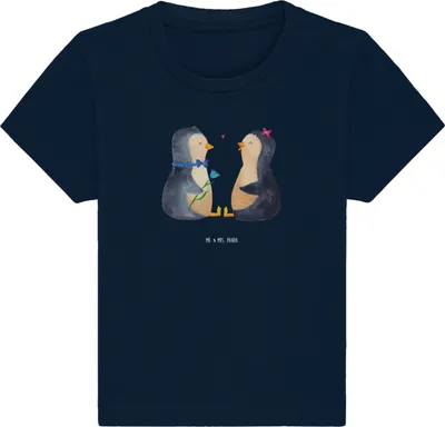 Produktbild von Mr. & Mrs. Panda  T-Shirt Pinguin Pärchen 6. - 12. Monat - French Navy - Geschenk, Liebe, Baby Jerseyshirt, Hochzeit, Hochzeitsgeschenk, Verknallt, Organic Shirt
